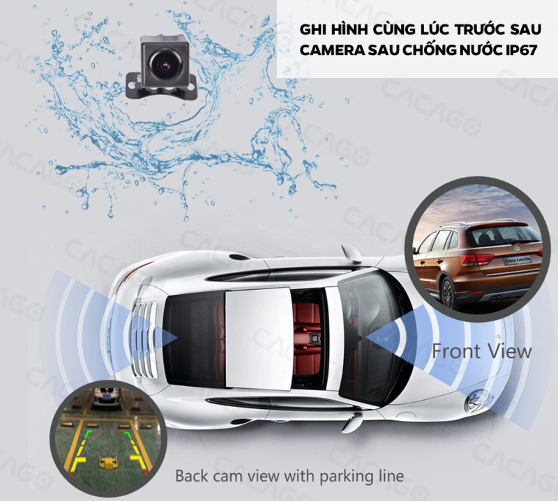 camera hành trình cacago c08a ghi hình trước sau , camera sau chống nước ip67